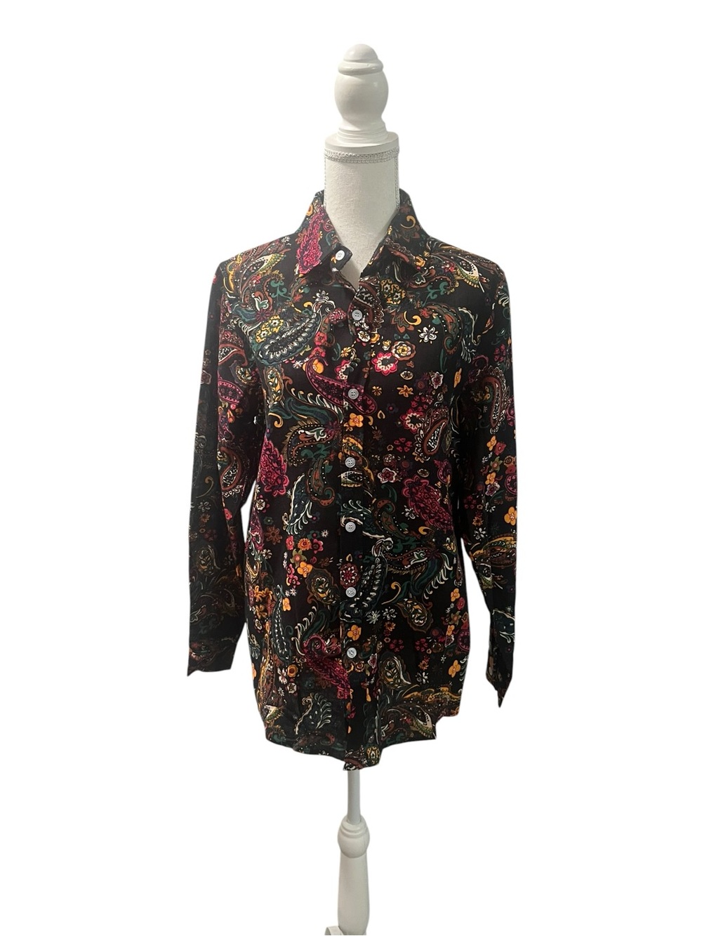 Cromoncent Black Multicolor Paisley Button Up Shirt Cotton Linen Shabby Chic S